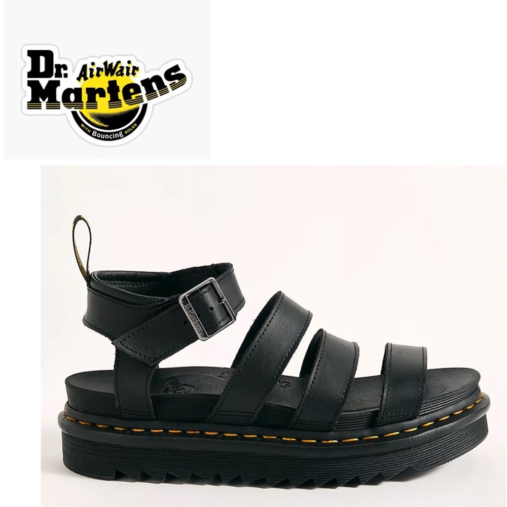Dr. Martens Black Leather Platform Strappy Sandals with Yellow Stitching